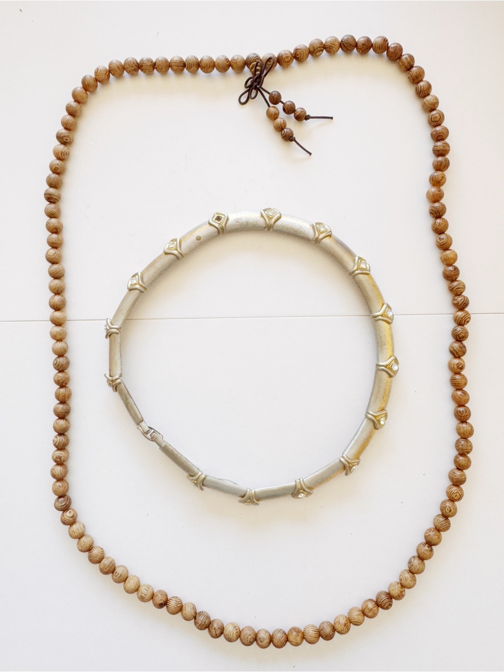 Handcrafted Brown Wood Bead Necklace with Silver-Tone Bamboo-Style Collar